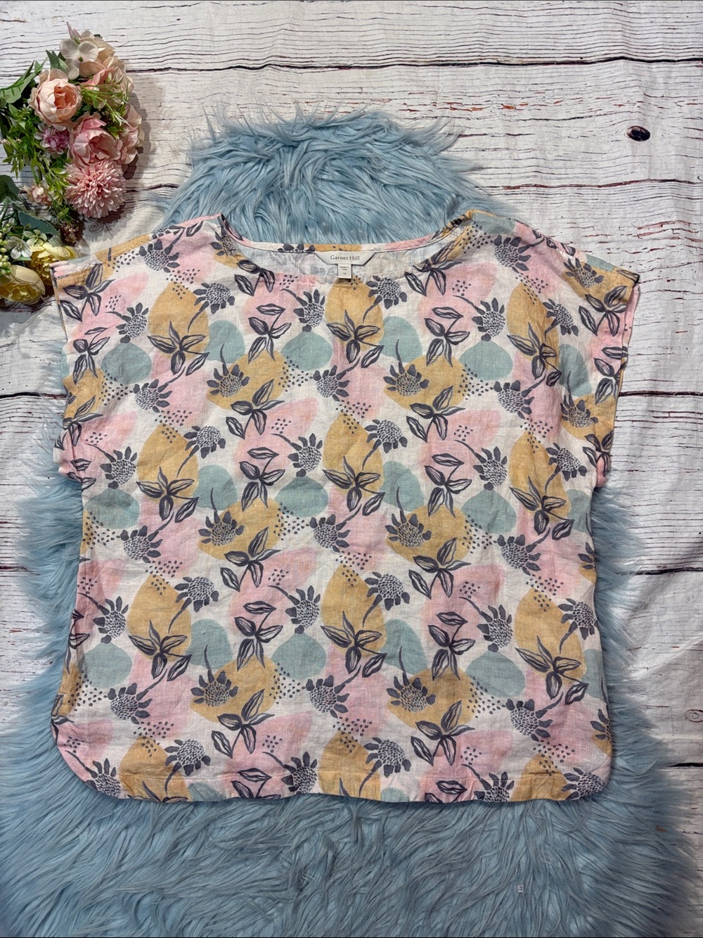Garnet Hill Floral Tropical Linen Boxy Short Sleeve Top